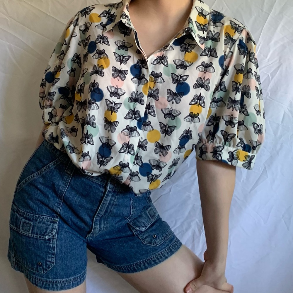 ELOQUII Puffed Sleeve Button-Down Moth Yellow, Blue, Pink, Teal, White Size 18